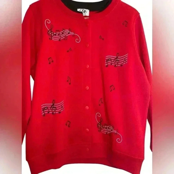 C&K Designs Music Notes Fleece Cardigan Jacket Double Crew Neck Button Front Med - Picture 2 of 11